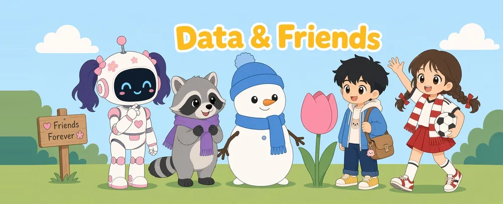 Data and Friends: Data the robot girl, Tycoon the raccoon, Snowman, Tulip, a boy and Miguel waving and holding a soccer ball