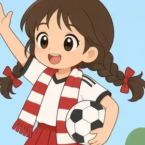 Miguel, a girl with brown braids, red bows, a striped scarf and a soccer ball