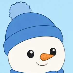 Snowman, a snowman with a blue beanie, a blue scarf and a carrot nose