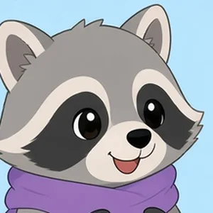 Tycoon, a gray raccoon with a purple scarf